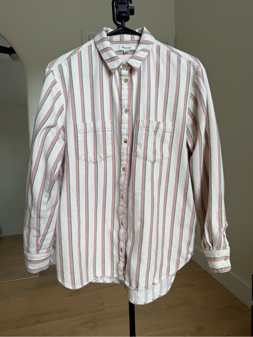 Madewell White Button-Down Shirt with Red and Gray Stripes